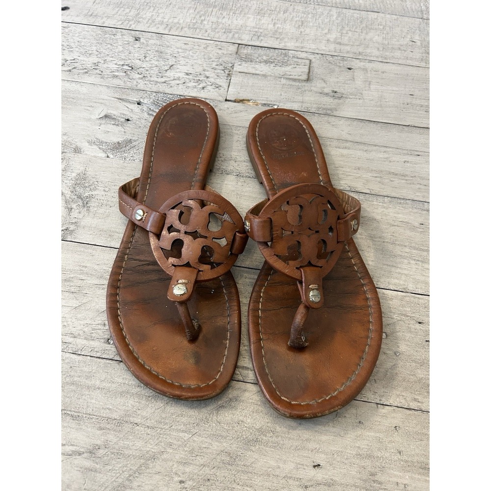 Tory Burch Size 8.5 Miller Leather Logo Brown Sandals Thong Leather